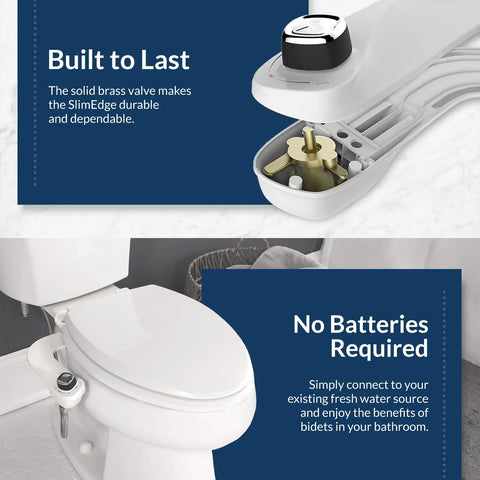 Close-up of SlimEdge Non Electric Bidet Attachment For Toilet With Dual Front And Rear Nozzles Cold Water Wash on a white toilet.