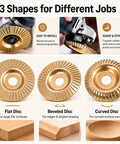 Multi Disc Wood Carving Kit With Tungsten Carbide Wheels And Upper Clamping Plates showing three disc shapes for angle grinders.