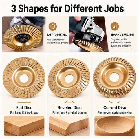 Multi Disc Wood Carving Kit With Tungsten Carbide Wheels And Upper Clamping Plates showing three disc shapes for angle grinders.