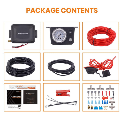 Package contents of On Board Air Compressor System Universal Air Spring Kit With Gauge Air Line And T Fittings For Trucks And Vans