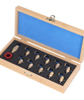 Winder Set For Watch Repair Pros, Brass Wristwatch Repair Kit in open wooden box with foam insert and brass tools visible.