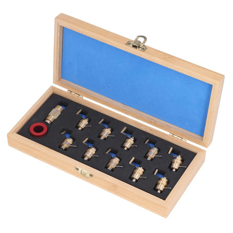 Winder Set For Watch Repair Pros, Brass Wristwatch Repair Kit in open wooden box with foam insert and brass tools visible.