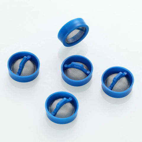 Five blue stainless steel mesh filters from 20 Pack Universal Washing Machine Water Inlet Valve Filter Screens Replacement Kit.