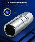 Six-point socket shown on blue background with text '6-Point Opening', part of Three Eighths Inch Drive Spark Plug Socket Set With 72 Tooth Click Torque Wrench Magnetic Swivel Sockets Universal Joint And Extension Bar CRV Steel Magnetic Spark Plug Socket Kit For Easy Engine Maintenance.