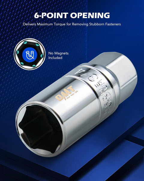 Six-point socket shown on blue background with text '6-Point Opening', part of Three Eighths Inch Drive Spark Plug Socket Set With 72 Tooth Click Torque Wrench Magnetic Swivel Sockets Universal Joint And Extension Bar CRV Steel Magnetic Spark Plug Socket Kit For Easy Engine Maintenance.