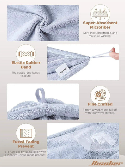 Go To Rapid Dry Microfiber Hair Towel Wraps For Women Three Pack, showcasing elastic band and super absorbent texture in use