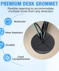 Black desk cable grommet with flexible opening organizing multiple wires on light wood surface, labeled premium, multicolor, durable, wear-resistant.