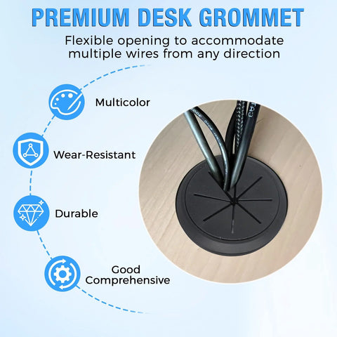 Black desk cable grommet with flexible opening organizing multiple wires on light wood surface, labeled premium, multicolor, durable, wear-resistant.