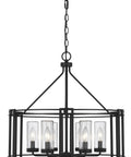 Luton Cage Metal Chandelier With Clear Cylinder Glass Shades Six Light Uplights For Kitchen Islands And Dining Areas In Matte Satin Dark Iron Finish.