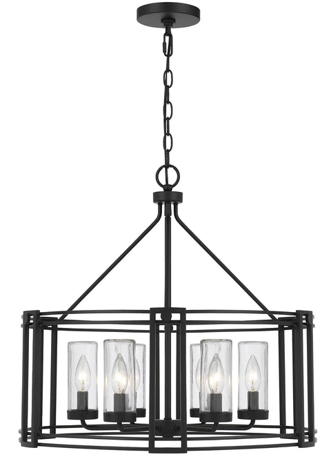 Luton Cage Metal Chandelier With Clear Cylinder Glass Shades Six Light Uplights For Kitchen Islands And Dining Areas In Matte Satin Dark Iron Finish.