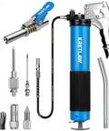 KRETLAW 7000 PSI grease gun kit, blue pistol grip, 14 oz capacity, with hoses, coupler, needles, and gloves
