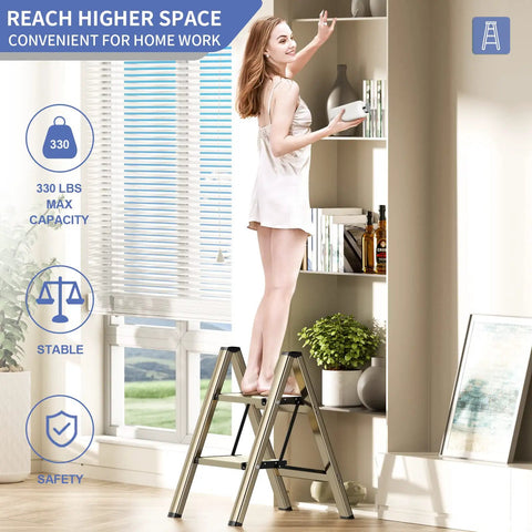 Three Step Folding Ladder Stool With Anti Slip Wide Pedals Aluminum Portable Lightweight Multi Use Home And Kitchen Ladder Shelf Woodgrain And White Finish 330 Lb Capacity