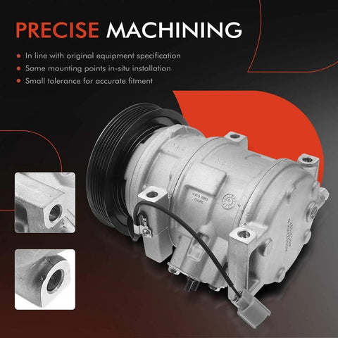 Direct Fit A/C Compressor With Clutch showing precise machining details, including 6 groove pulley for Honda Accord and Acura models.