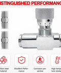 Front view of 3/4-inch hydraulic flow control valve with knurled adjustment knob and two 3/4-inch male adapters.