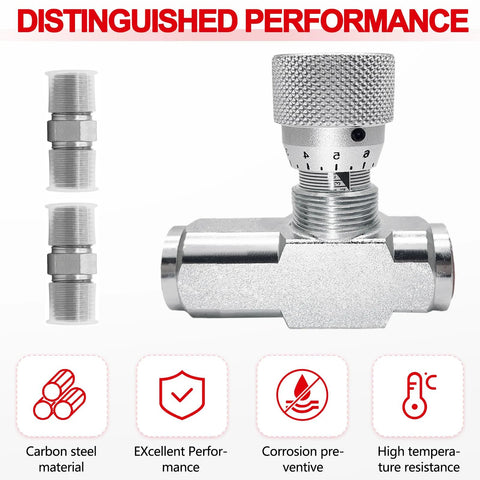 Front view of 3/4-inch hydraulic flow control valve with knurled adjustment knob and two 3/4-inch male adapters.