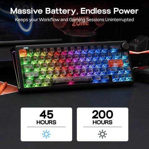 Wireless Mechanical Gaming Keyboard With Rotary Dial Knob And 8000mAh Battery delivering vibrant RGB backlighting and extensive battery life.