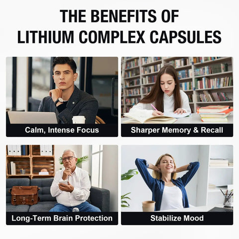 Lithium Orotate 20 Mg Complex Capsules With Magnesium Glycinate And Ashwagandha for focus, memory, mood, and brain health benefits.