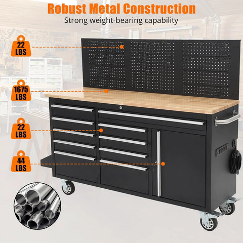 61-Inch Heavy-Duty Rolling Tool Chest And Mobile Workbench With Nine Drawers, Rubber Wood Top, Locking System, Rugged Wheels