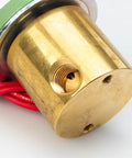 12V Hydraulic Solenoid Valve 379686-1 For 6-Bolt Powershift PTOs, brass end, red wires visible