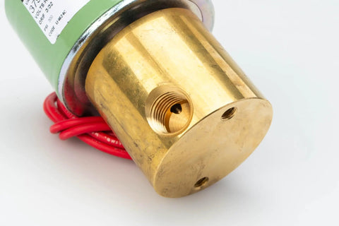 12V Hydraulic Solenoid Valve 379686-1 For 6-Bolt Powershift PTOs, brass end, red wires visible