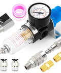 Air Compressor Moisture Filter With Water Separator, 1/4 Inch NPT Inlet, 150 PSI Gauge, Shutoff Valve components displayed