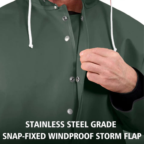 Close-up of Pro-Grade 0.70mm PVC Fishing Rain Suit Jacket And Bib Pants Set for Commercial Anglers, dark green, windproof storm flap.