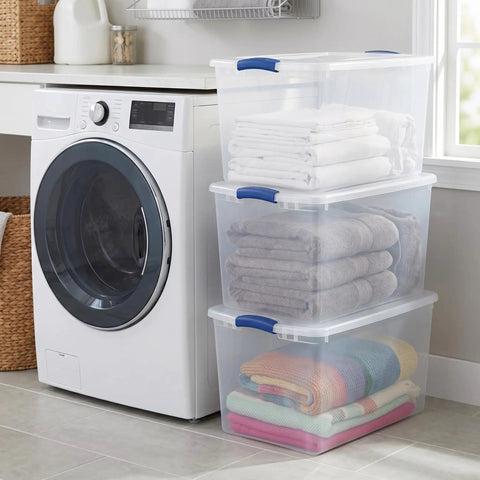 Hella Tough 66 Quart Clear Plastic Storage Bins With Secure Twist Latches And Smart Stack Design, stacked with folded towels.