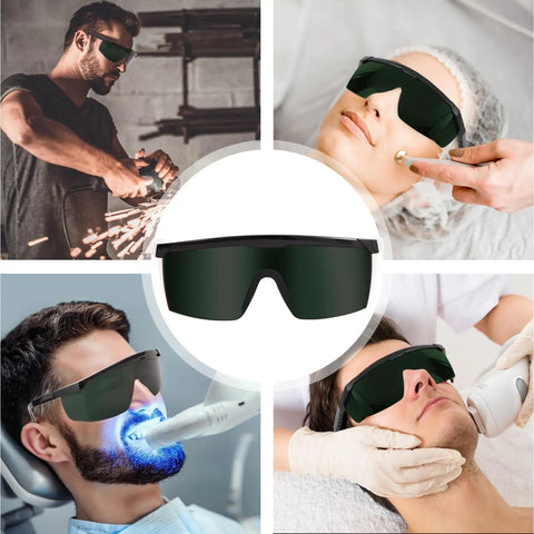 Premium Kickass Red Light Therapy Glasses, Solid Od Four Plus Eye Protection For Laser Hair Removal And Ipl Therapies, shown in various uses for eye protection.