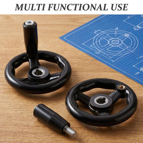 Two Pack 4 Inch Bakelite Hand Wheels With Revolving Rotating Handle For Lathe And Milling Machines on workbench with blueprint
