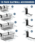 19-piece Slatwall Organization Kit with baskets and hooks for garage, including L-hooks, wave hooks, fitting standard slatwall.