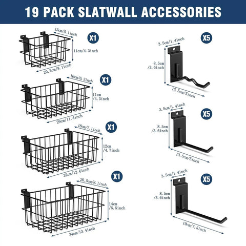 19-piece Slatwall Organization Kit with baskets and hooks for garage, including L-hooks, wave hooks, fitting standard slatwall.