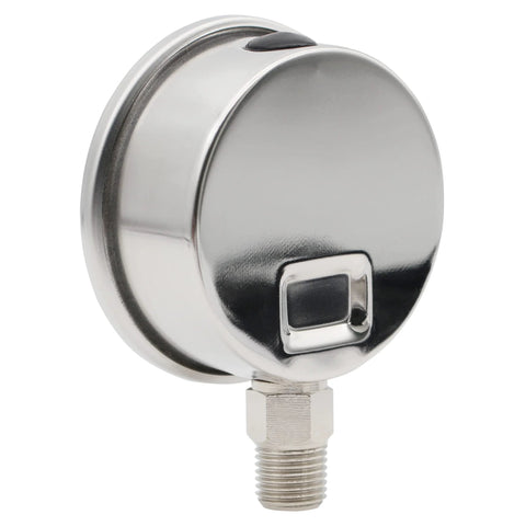 Water pressure gauge with round stainless steel housing and 1/4-inch NPT thread