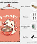 Retro Rugged Cat Eating Ramen Metal Sign 8x12inch Tin Poster with installation options, funny vintage wall art for decor.