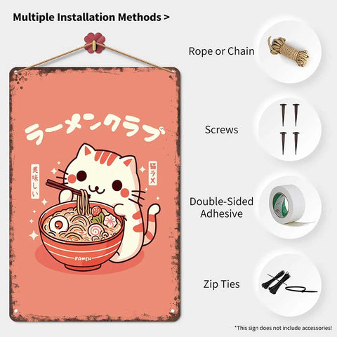 Retro Rugged Cat Eating Ramen Metal Sign 8x12inch Tin Poster with installation options, funny vintage wall art for decor.