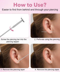 Steps showing how to use All-In-One Piercing Tool Set With Ball Grabber And Tapers for ear piercing insertion and removal.