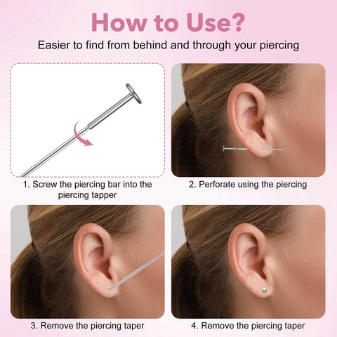 Steps showing how to use All-In-One Piercing Tool Set With Ball Grabber And Tapers for ear piercing insertion and removal.