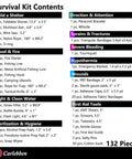List of contents for Survival Gear Kit For Camping And Emergencies, First Aid Ready Bugout Bag, 132 pieces shown.