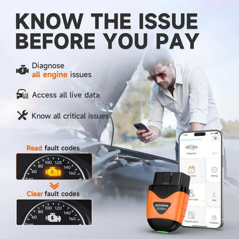 Man using Bluetooth OBD2 Scanner For Cars Read And Clear Engine Codes With Live Data For Transmission ABS SRS HUD Dashboard from phone