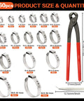 Sixteen Size Single Ear Hose Clamp Kit With 360 Pieces All In One, Fits From 5.3 To 36.1 Millimeters, 304 Stainless Stepless Clamps, Crimp Plier Visible