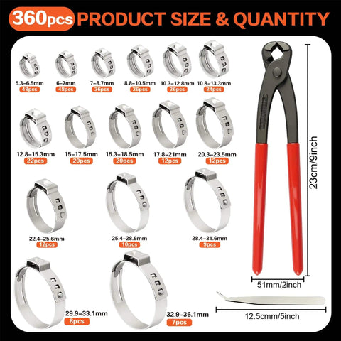 Sixteen Size Single Ear Hose Clamp Kit With 360 Pieces All In One, Fits From 5.3 To 36.1 Millimeters, 304 Stainless Stepless Clamps, Crimp Plier Visible
