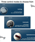 Control modes for Slick Stainless Steel Pneumatic Piston Bottle Filler Machine dual head, showing Inching, Automatic, and Photoelectric functions.
