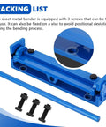 Packing list showing blue 7.87 Inch Steel Bending Brake Manual Sheet Metal Bender with three screws and a rod for assembly