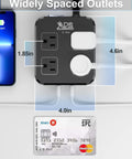 Outdoor Power Strip Tough Weatherproof Surge Protector With Four Wide Outlets And Three USB Ports Six Foot Extension Cord Wall Mountable Overload Protection Built For Outdoors Patio Garden Christmas Lights And More ETL Listed, shown with two connected plugs and USB cords, size dimensions labeled.