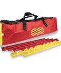 Red and yellow Stinga Level Shower Level Kit For Tile And Stone Wall Installations with built-in vials and quick attach design next to carrying bag.