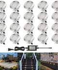 LED Outdoor Deck Light Kit 20 Pack Waterproof IP67 12V Low Voltage Recessed Stair Step Lighting with Warm White Diffusion Silver Finish
