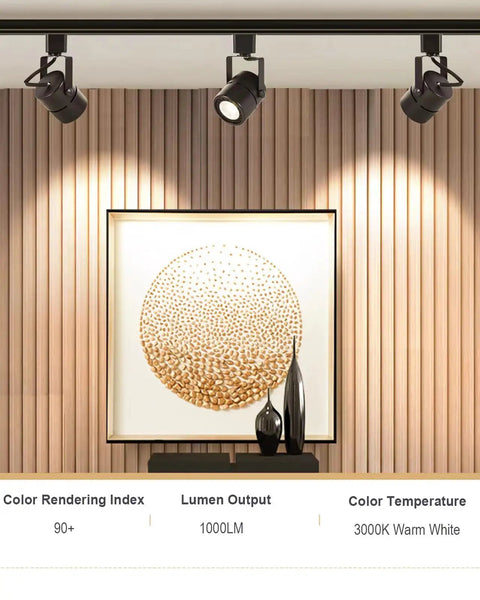 Hella Bright 10W H Track Lighting Heads 3000K Warm White dimmable LED track lights 120V illuminating artwork on a wood panel wall