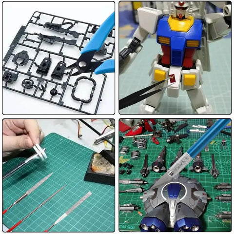 15 Piece Model Tools Kit For Gundam And Car Models, Pro Hobby Craft Set with tools on workbench and model assembly in progress
