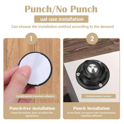 Hella Durable Self Adhesive Caster Wheels One Inch Swivel Plates showing punch-free and punch installation methods.