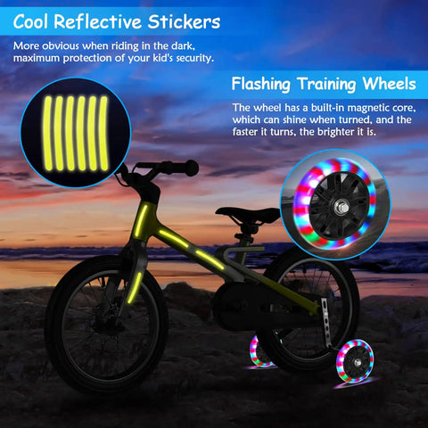 Quiet Heavy Duty Training Wheels For Kids Bikes Stabilizer Kit Ride Ready Adjustable Metal And Rubber Fits 12 To 20 Inch Single Speed Bicycles Includes Bell And Reflective Sticker For Safety Noiseless Easy Install with glowing stickers and flashing wheels on a bike at dusk.