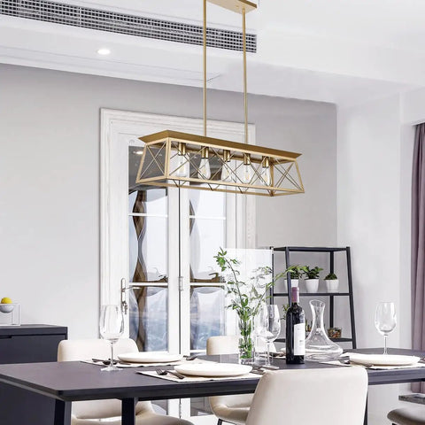 Gold Farmhouse Rectangular Chandelier With 5 Lights For Kitchen Island, Modern Linear Pendant Light Fixture With Metal Grille